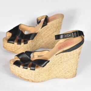 KORS Michael Kors Black Ankle Strap Rope Platform Wedges size 10